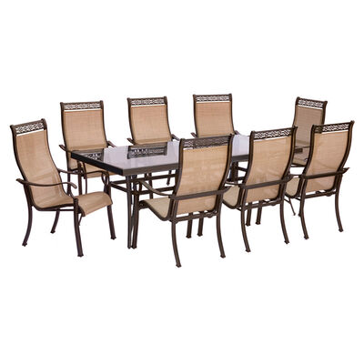 Hanover Monaco 9-Piece 84" Rectangle Glass Top Dining Set with Sling Back Chairs - Tan | MONDN9PCG