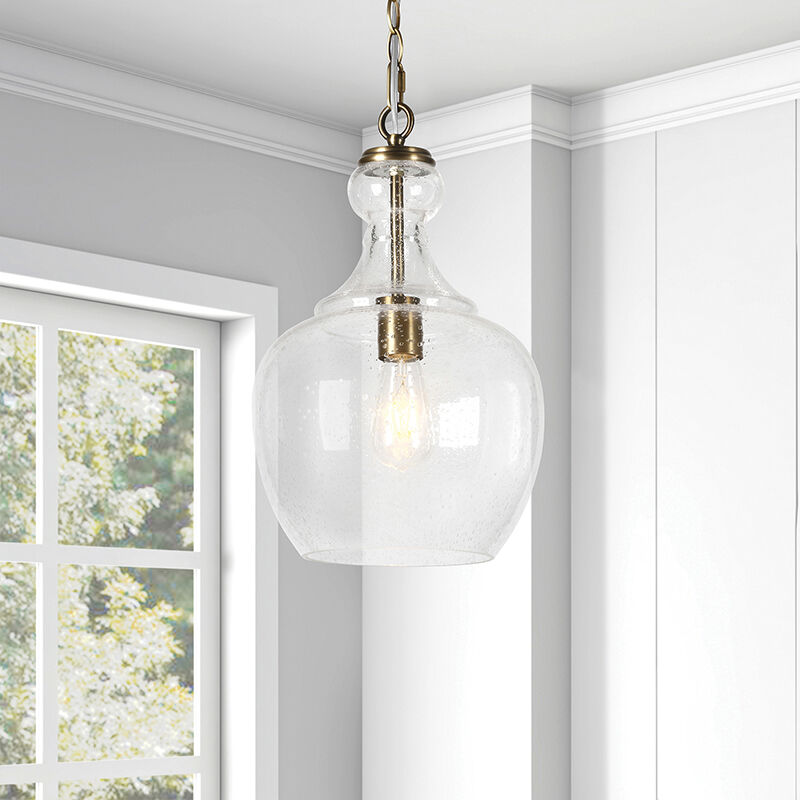 Hudson & Canal Westford 11 in. Pendant with Seeded Glass - Brass, , hires