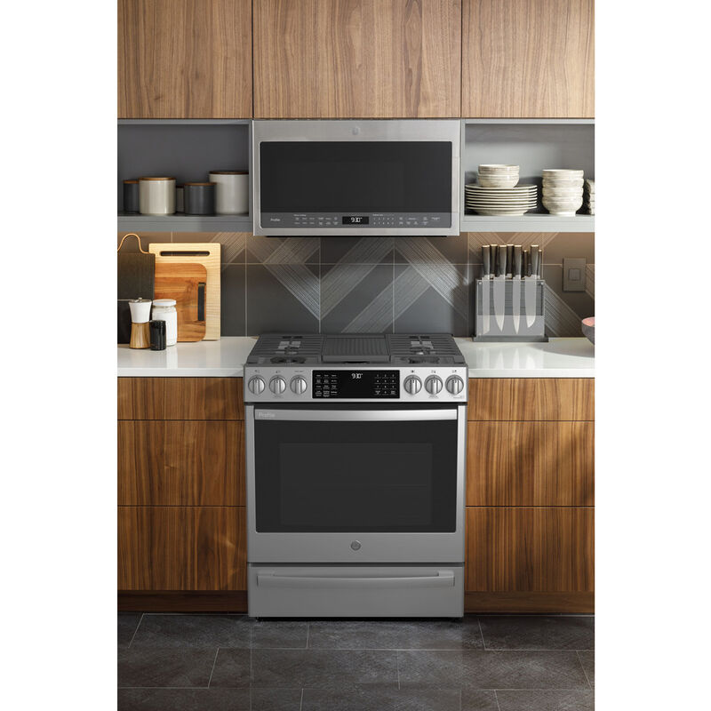 GE Profile 30 in. 5.7 cu. ft. Smart Air Fry Convection Oven Slide-In Dual Fuel Range with 5 Sealed Burners, Grill & Griddle - Stainless Steel, , hires