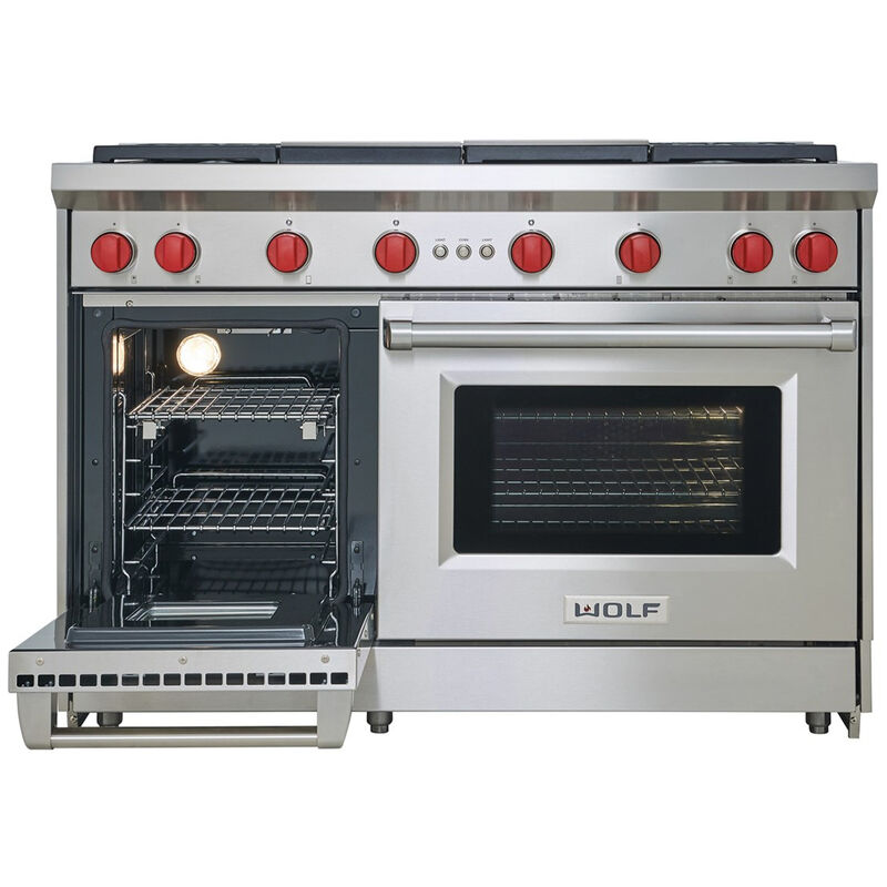 Wolf 48 in. 6.9 cu. ft. Convection Double Oven Freestanding LP Gas Range with 6 Sealed Burners & Griddle - Stainless Steel, , hires