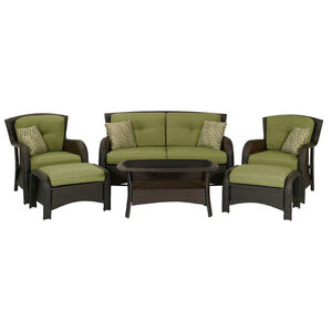 Hanover Strathmere 6-Piece Deep Seating Patio Furniture Set with Glass Top Coffee Table & 2 Ottomans - Green