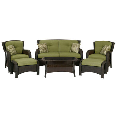 Hanover Strathmere 6-Piece Deep Seating Patio Furniture Set with Glass Top Coffee Table & 2 Ottomans - Green | STRATHMER6PC