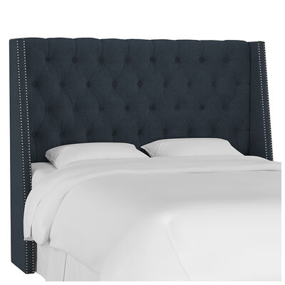 Skyline Twin Nail Button Tufted Wingback Headboard in Linen - Navy | 120NBPWLNNNV