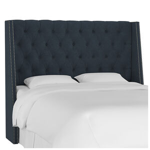 Skyline Twin Nail Button Tufted Wingback Headboard in Linen - Navy, Navy, hires