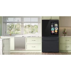 Samsung Bespoke 36 in. 22.5 cu. ft. Smart Counter Depth 4-Door French Door Refrigerator with AI Family Hub+, Beverage Center & Internal Water AutoFill Pitcher - Matte Black Steel, Charcoal Glass & Matte Black, hires