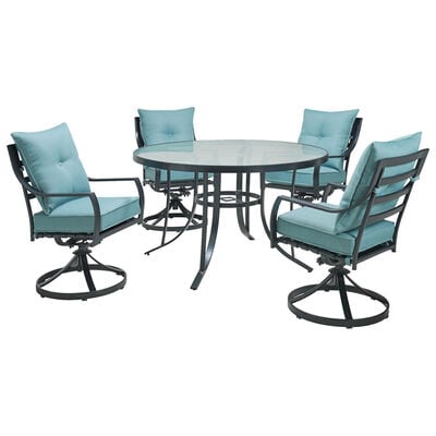 Hanover Lavallette 5-Piece Dining Set with 4 Swivel Rockers and a 52" Round Glass Table - Blue | LAVDN5RDSWBL