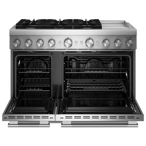 KitchenAid Commercial-Style 48 in. 6.3 cu. ft. Air-Fry True European Convection Double Oven Dual Fuel Range with 6 Sealed Burners & Griddle - Stainless Steel, , hires