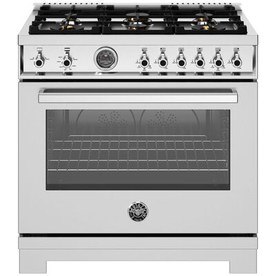 Bertazzoni Professional Series 36 in. 5.9 cu. ft. Convection Oven Freestanding Natural Gas Range with 6 Sealed Burners & Griddle - Stainless Steel | PR366BCFGMXT