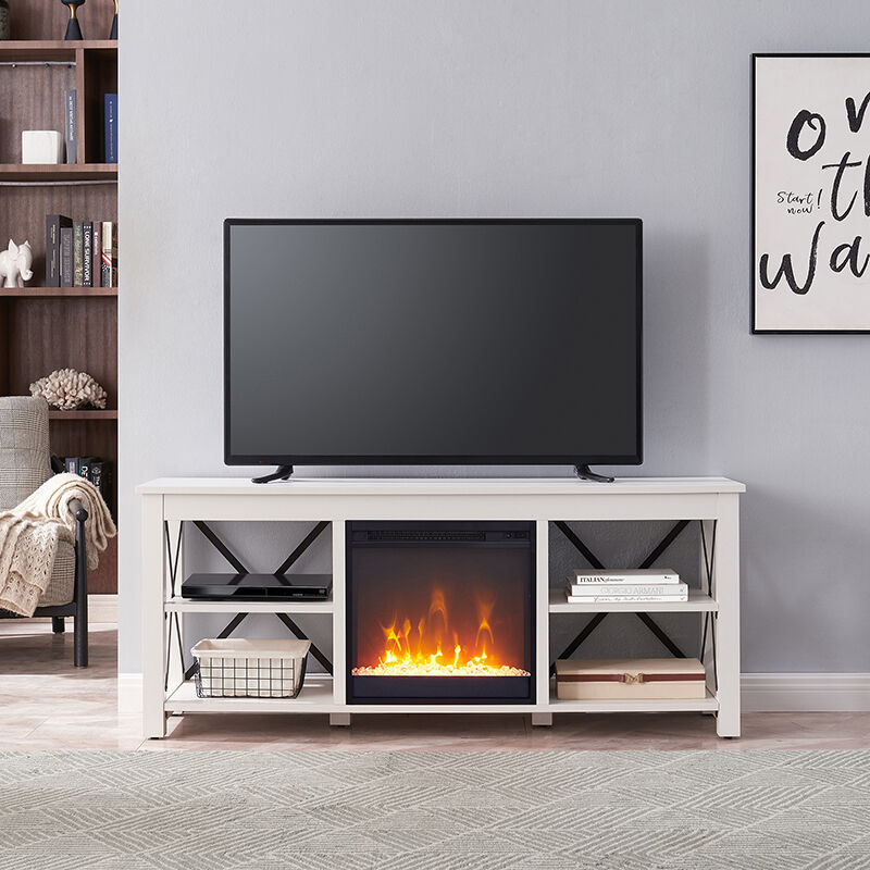 Hudson & Canal Sawyer TV Stand with Crystal Fireplace Insert - White, , hires