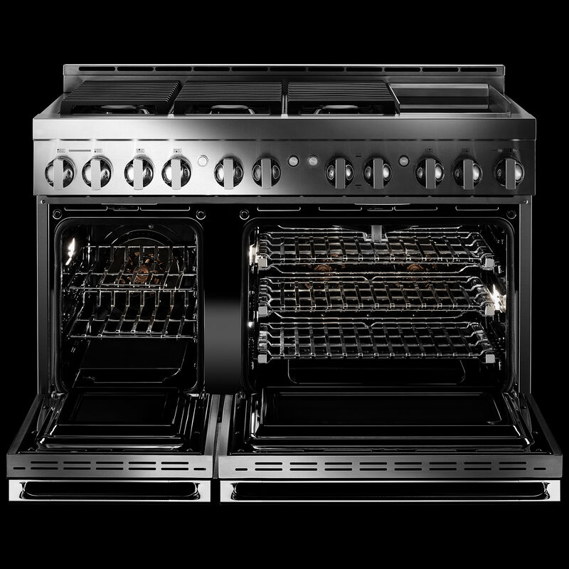 JennAir Noir Series 48 in. 6.3 cu. ft. Smart True European Convection Double Oven Gas Range with 6 Sealed Burners & Griddle - Stainless Steel, , hires