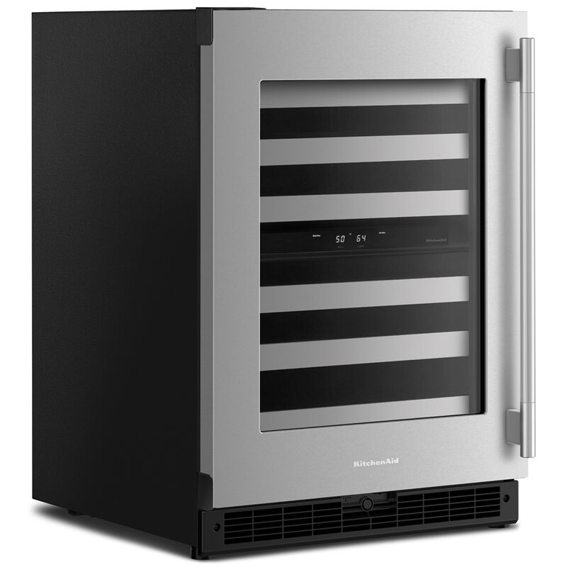 KitchenAid 24 in. Undercounter Left Hinged Wine Cooler with Metal Racks, Dual Temperature Zone(s) & 46-Bottle Capacity - Stainless Steel with Black Cabinet, , hires