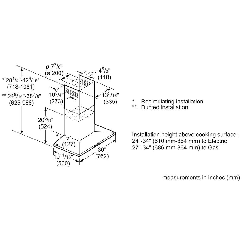 Bosch 800 Series 30 in. Convertible Chimney Style Range Hood with 600 CFM, 4 Fan Speeds & 2 Halogen Lights - Black Stainless Steel, , hires