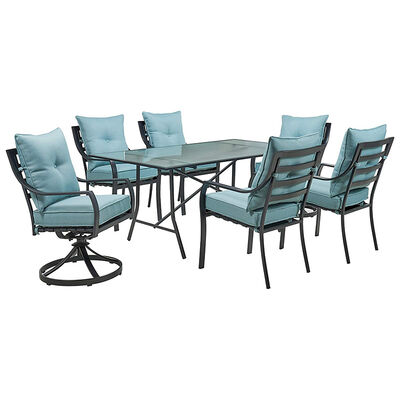 Hanover Lavallette 7-Piece Dining Set with 4 Chairs, 2 Swivel Rockers, and a 66" x 38" Glass Table | LAVDN7SW2BLU