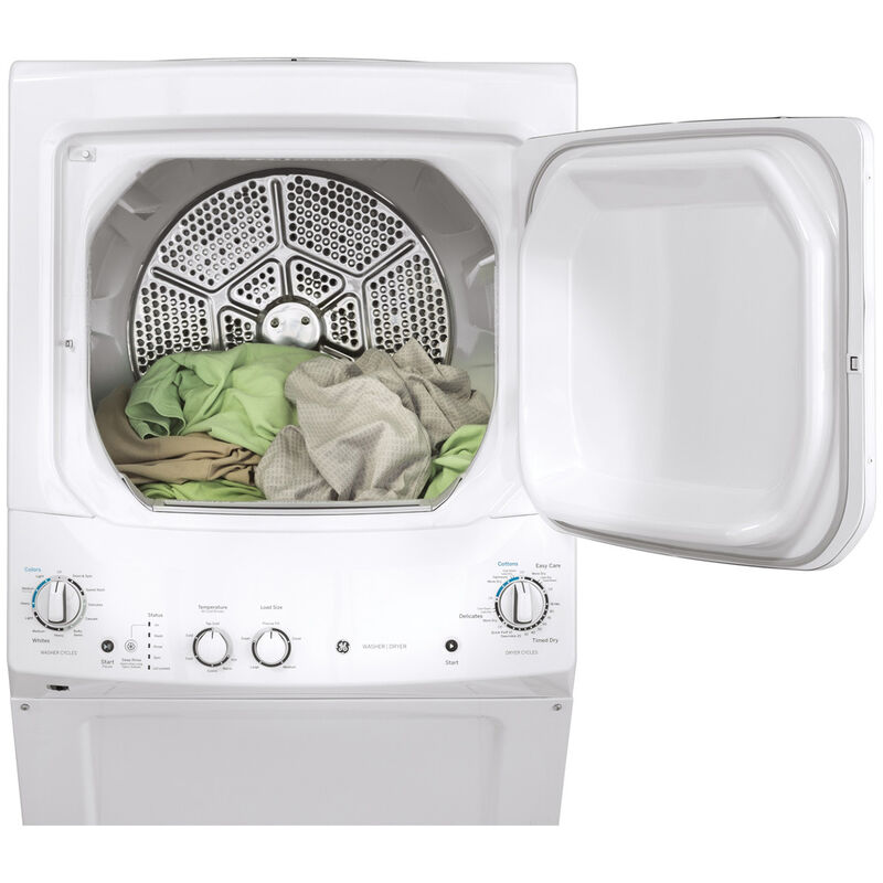 GE 27 in. Laundry Center with 3.8 cu. ft. Washer with 11 Wash Programs & 5.9 cu. ft. Electric Dryer with 4 Dryer Programs, Sensor Dry & Wrinkle Care - White, , hires