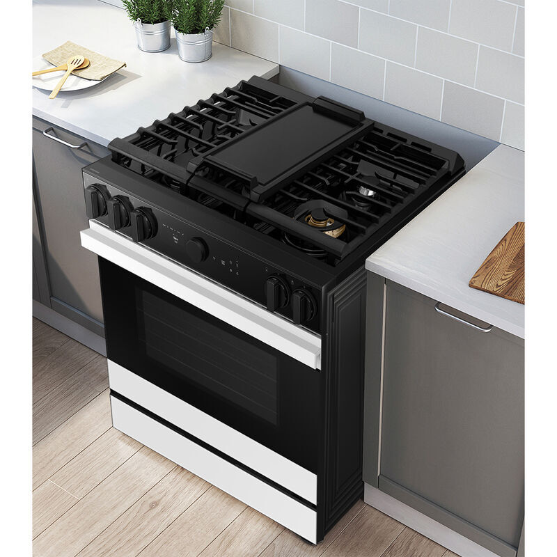 Samsung Bespoke 30 in. 6 cu. ft. Smart Air Fry True European Convection Slide-In Gas Range with 5 Sealed Burners & Griddle - White Glass, White Glass, hires