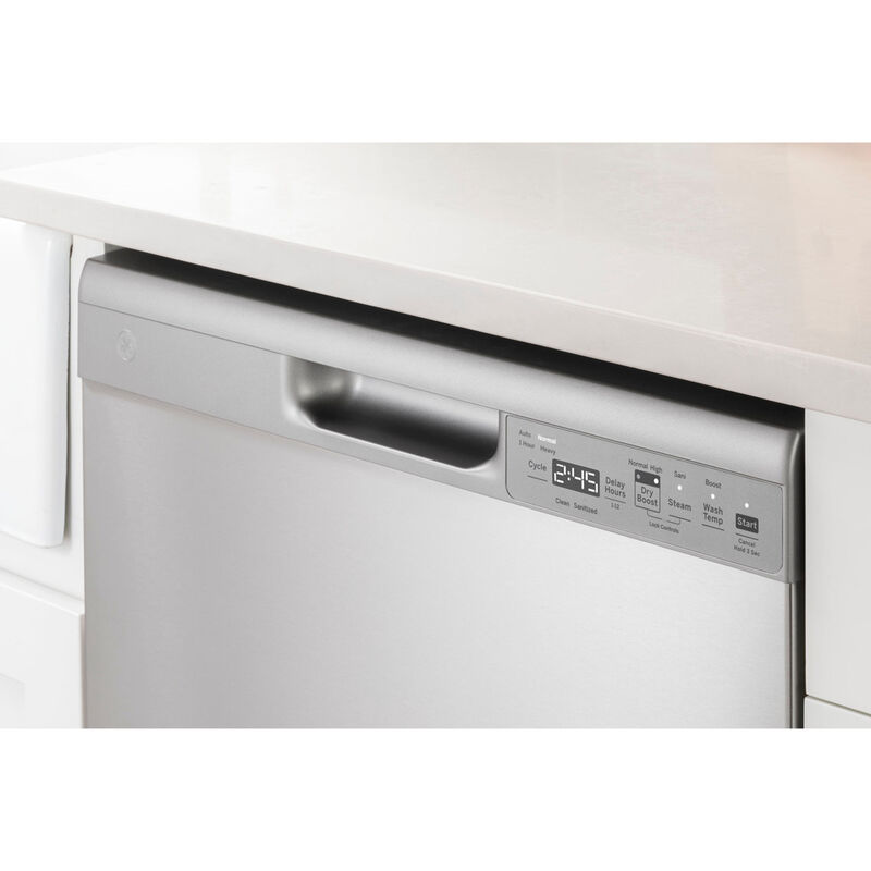 GE 24 in. Front Control Flush-Mount Dishwasher with 52 dBa Sound Level, Dry Boost & Pocket Handle - Stainless Steel, Stainless Steel, hires