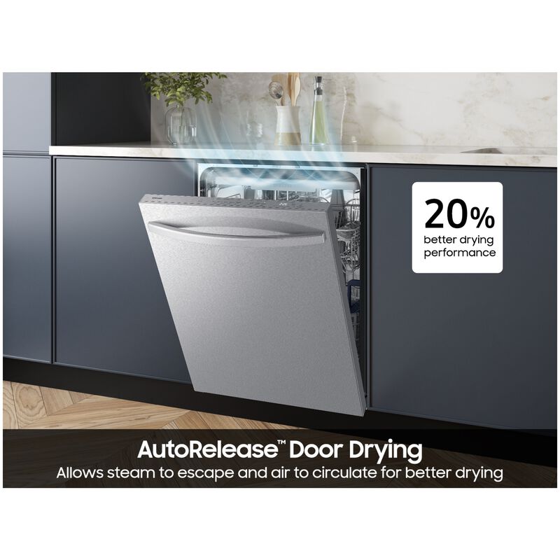 Samsung 24 in. Top Control Flush-Mount Dishwasher with 48 dBA Sound Level, 3rd-Rack & AutoRelease Door Drying - Fingerprint Resistant Stainless Steel, , hires