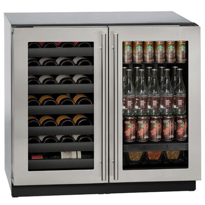U-Line 3000 Series 36 in. Built-In 7.0 cu. ft. Compact Beverage Center with Dual Zones, Wine Storage & Double Glass Doors - Stainless Steel | 3036BVWCS00B
