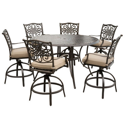 Hanover Traditions 7-Piece 56" Round Cast Top Bar Height Dining Set with Swivel Chairs - Tan | TRADDN7PCBR