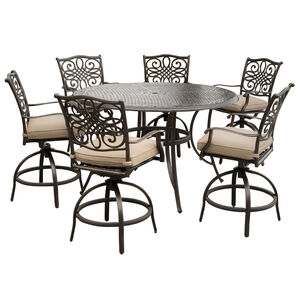 Hanover Traditions 7-Piece 56" Round Cast Top Bar Height Dining Set with Swivel Chairs - Tan, , hires