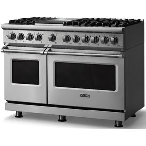Viking 5 Series 48 in. 7.3 cu. ft. True European Convection Double Oven Dual Fuel Range with 6 Sealed Burners & Griddle - Stainless Steel - Liquid Propane Gas, Polished Chrome Trim Option, , hires