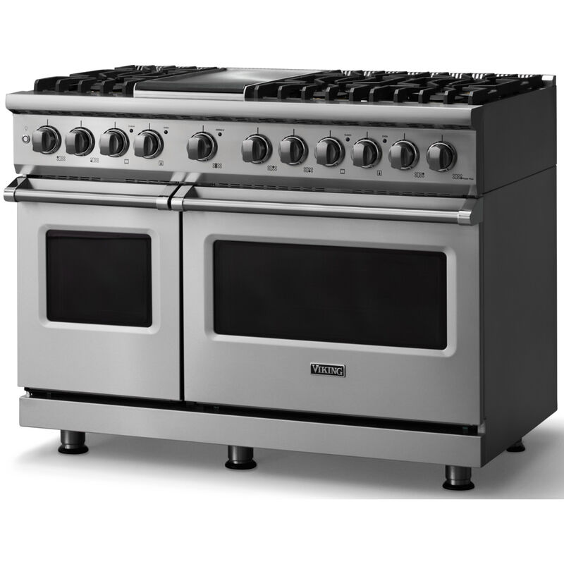 Viking 5 Series 48 in. 7.3 cu. ft. True European Convection Double Oven Dual Fuel Range with 6 Sealed Burners & Griddle - Stainless Steel - Liquid Propane Gas, Polished Chrome Trim Option, , hires