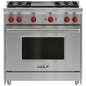 Wolf 36 in. 5.5 cu. ft. Oven Freestanding Gas Range with 4 Sealed Burners & Griddle - Stainless Steel, , hires