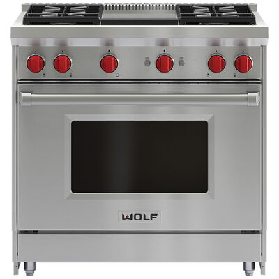 Wolf 36 in. 5.5 cu. ft. Oven Freestanding Gas Range with 4 Sealed Burners & Griddle - Stainless Steel | GR364G