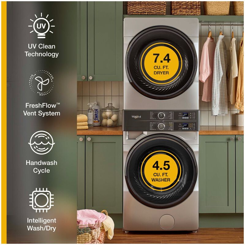 Whirlpool 28 in. 4.5 cu. ft. Smart Gas Front Load Laundry with UV Clean Technology, FreshFlow Vent System, Sensor Dry, Sanitize & Steam Cycle - Radiant Silver, Radiant Silver, hires