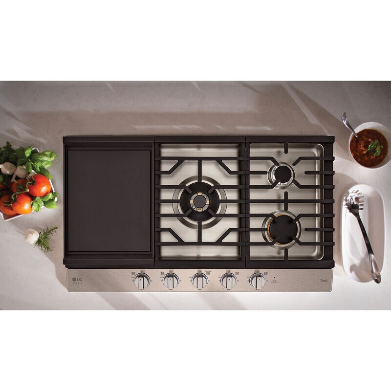 LG Studio 36 in. 5-Burner Smart Natural Gas Cooktop with Griddle, Simmer Burner & Power Burner - Stainless Steel, , hires