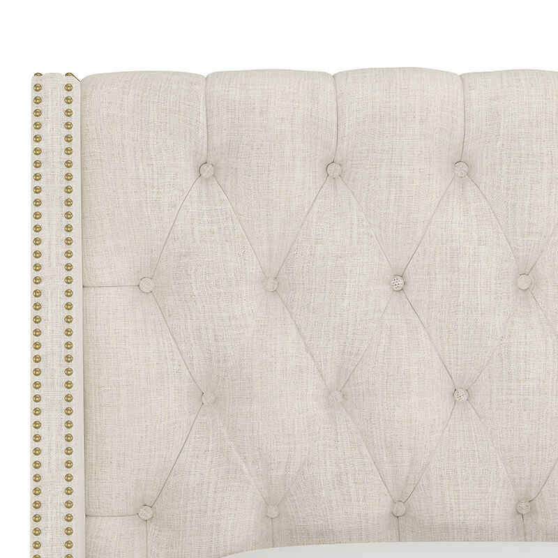 Skyline Full Nail Button Tufted Wingback Headboard in Linen - Talc, Cream, hires