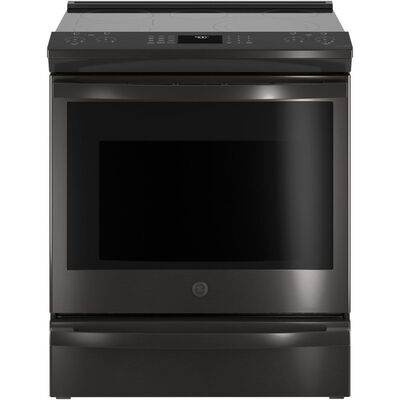 Cafe 30" Slide-In Electric Range with 4 Smoothtop Burners, 5.3 Cu. Ft. Single Oven & Storage Drawer - Black Stainless Steel | PSS93BPTS
