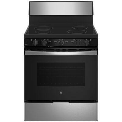 GE 30 in. 5.0 cu. ft. Oven Freestanding Electric Range with 4 Smoothtop Burners - Stainless Steel | JB480STSS