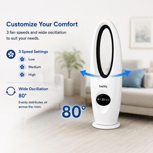 CoolVia 28 in. Oscillating Bladeless Tower Fan with 3 Speed Setting & Remote Control - White, , hires