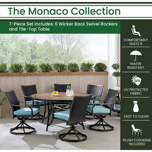 Hanover Monaco 7-Piece Dining Set in Blue with 6 Wicker Back Swivel Rockers and a 60". Tile-Top Table - Blue/Bronze, , hires