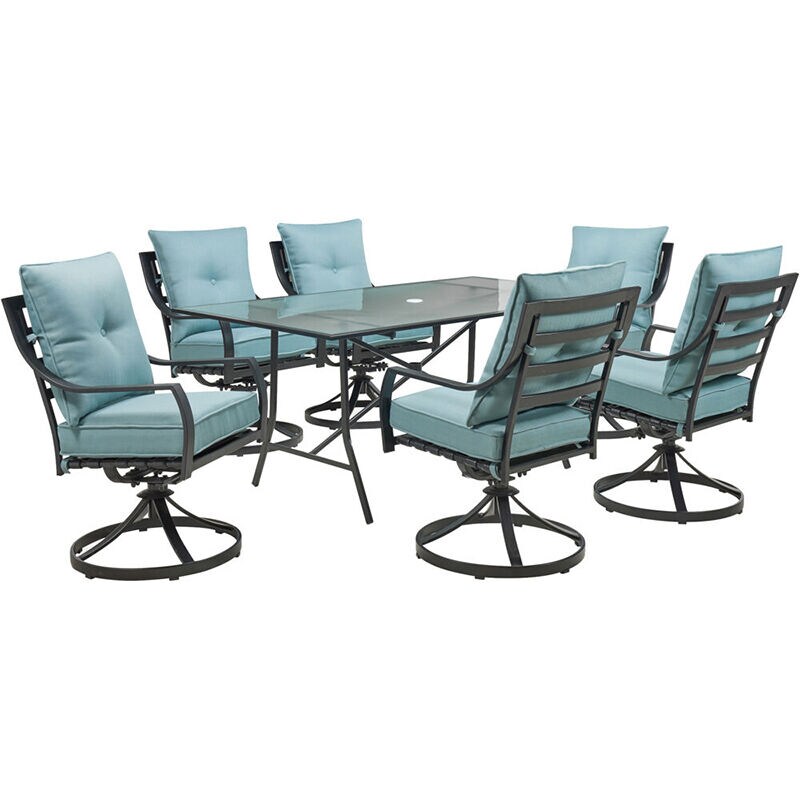 Hanover Lavallette 7-Piece Dining Set with 6 Swivel Rockers and a 66" x 38" Glass Table - Blue, , hires