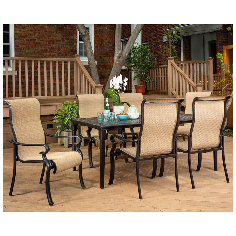 Hanover Brigantine 7-Piece 70" Rectangle Cast Top Dining Set with Sling Back Chairs - Tan, , hires