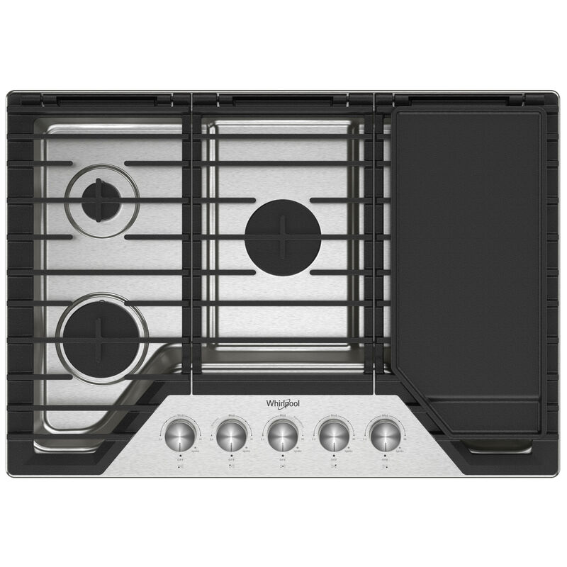 Whirlpool 36 in. 5-Burner Natural Gas Cooktop with Griddle, Simmer Burner & Power Burner - Stainless Steel, , hires