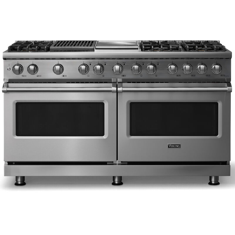 Viking 5 Series 60 in. 9.4 cu. ft. True European Convection Double Oven Dual Fuel Range with 6 Sealed Burners, Grill & Griddle - Stainless Steel - Liquid Propane Gas, Polished Chrome Trim Option, , hires