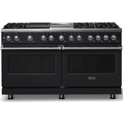 Viking 5 Series 60 in. 9.4 cu. ft. True European Convection Double Oven Dual Fuel Range with 6 Sealed Burners, Grill & Griddle - Onyx - Liquid Propane, Polished Chrome Trim Option | VDR56046GONL