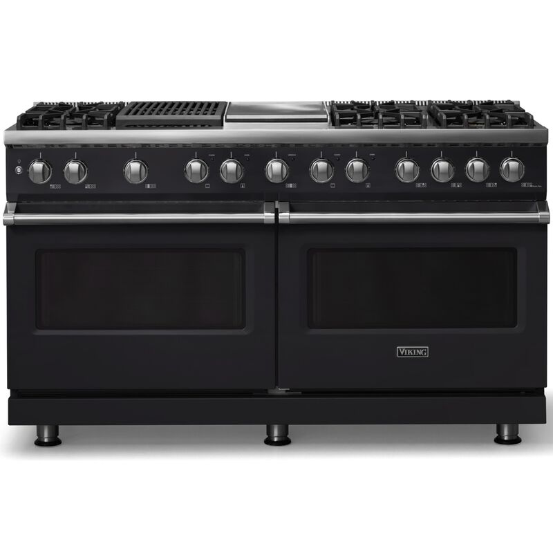 Viking 5 Series 60 in. 9.4 cu. ft. True European Convection Double Oven Dual Fuel Range with 6 Sealed Burners, Grill & Griddle - Onyx - Liquid Propane, Polished Chrome Trim Option, , hires
