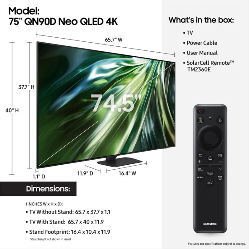 Samsung - 75" Class QN90D Series Neo QLED 4K UHD Smart Tizen TV, , hires