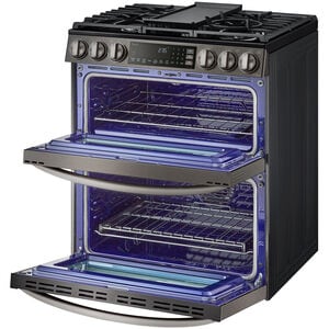 LG InstaView 30 in. 6.9 cu. ft. Smart Air Fry True European Convection Double Oven Slide-In Gas Range with 5 Sealed Burners & Griddle - PrintProof Black Stainless Steel, PrintProof Black Stainless Steel, hires