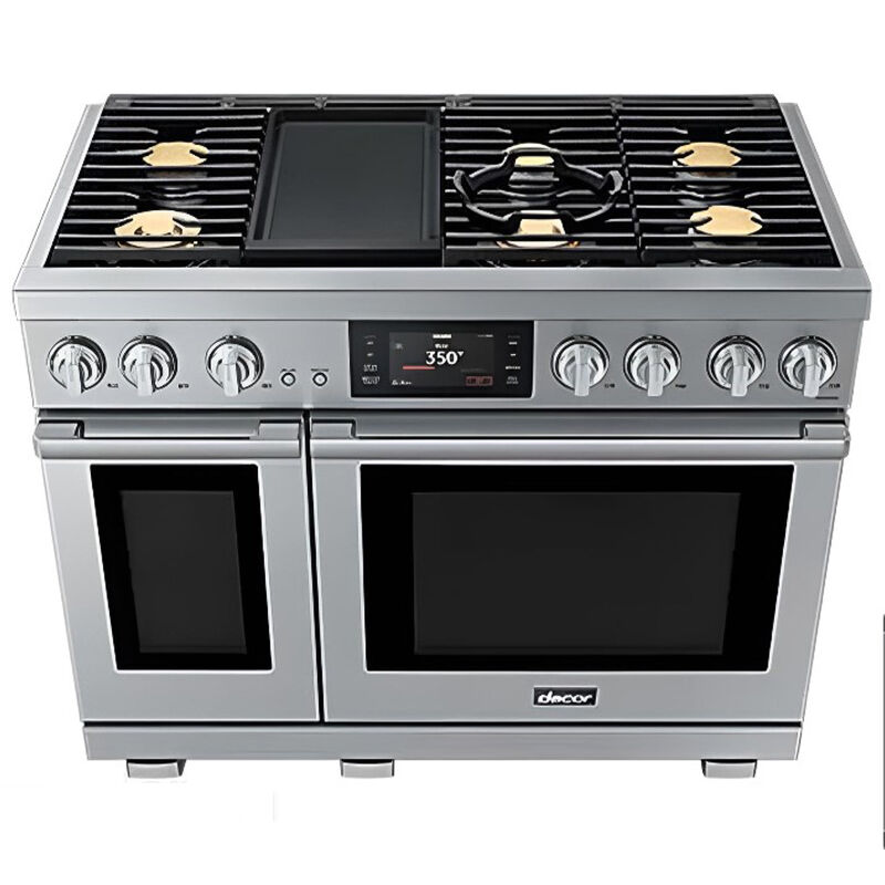 Dacor Transitional 48 in. 8.8 cu. ft. Smart Air Fry Dual Convection Steam Double Oven Dual Fuel Range with 6 Sealed Burners & Griddle - Silver Stainless, , hires