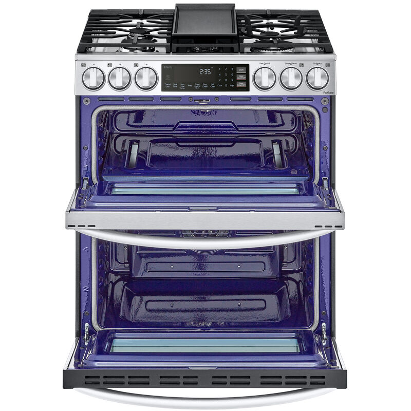 LG 30 in. 6.9 cu. ft. Smart Air Fry True European Convection Double Oven Slide-In Gas Range with 5 Sealed Burners & Griddle - PrintProof Stainless Steel, PrintProof Stainless Steel, hires
