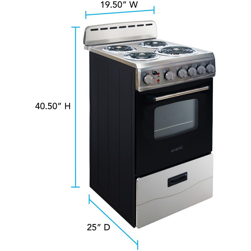 Avanti 20 in. 2.1 cu. ft. Electric Range with Coil Burners - Stainless Steel, , hires