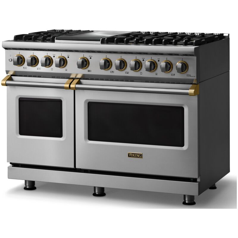 Viking 5 Series 48 in. 7.3 cu. ft. True European Convection Double Oven Dual Fuel Range with 6 Sealed Burners & Griddle - Stainless Steel - Liquid Propane, Brushed Brass Trim Option, , hires