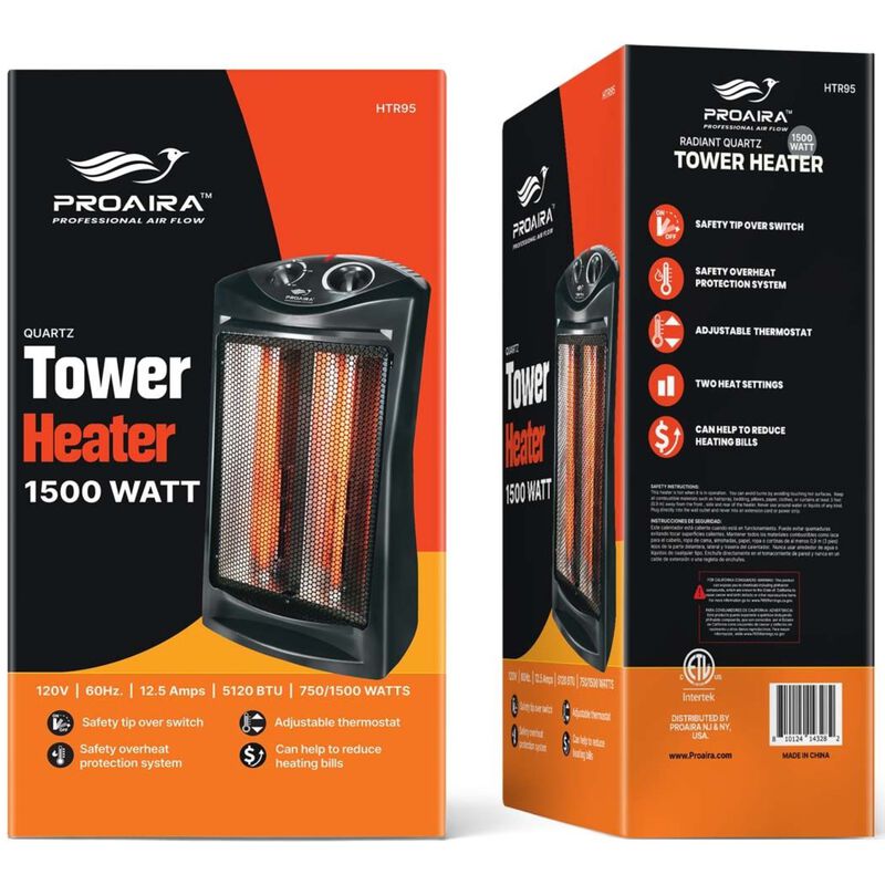 Proaira Radiant Quartz 1500W Radiant Space Heater with 2 Heat Settings & Overheat Safety Shut-Off - Black, , hires
