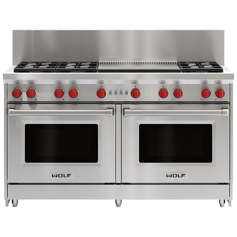 Wolf 60 in. 9.0 cu. ft. Double Oven Freestanding Dual Fuel Range with 6  Sealed Burners & Griddle - Stainless Steel