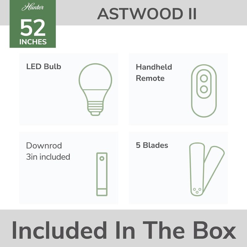 Hunter 52 in. Astwood II Ceiling Fan with LED Light Kit & Handheld Remote - Matte Black, Matte Black, hires